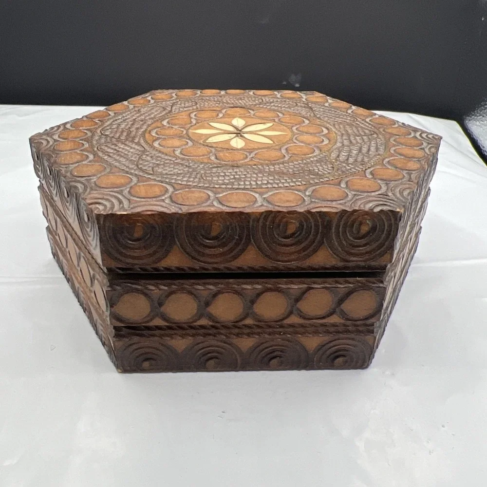 Vintage Polish Carved Wood Hexagon Box Brass Wire Inlay Kaiser Bill's Helen GA
